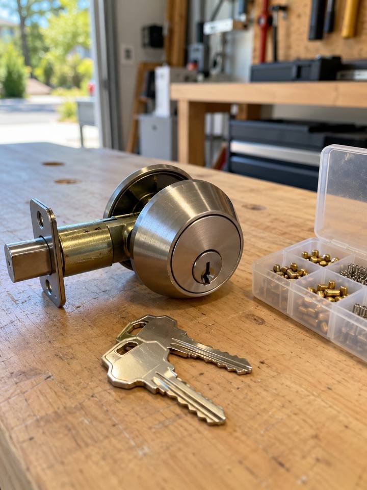 Deadbolt and rekey pins on a workbench, lock rekeying in San Diego
