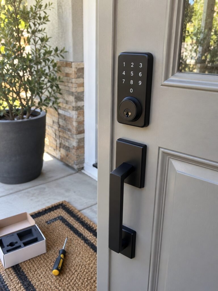 Keypad smart deadbolt installed on a San Diego front door